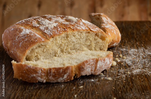 Sliced bread. Delicious, beautiful homemade bread. Bread on the table. Bread for the background.