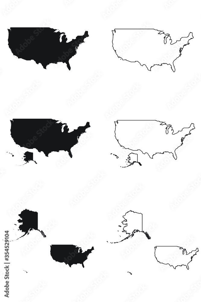 Fototapeta Stany Zjednoczone Ameryki Mapa kraju USA. Czarna sylwetka i kontur na białym tle. Wektor EPS