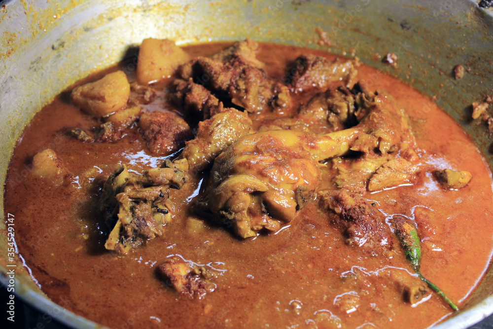 Chicken curry with testy spice. Boiled chicken broth. Hot and spicy