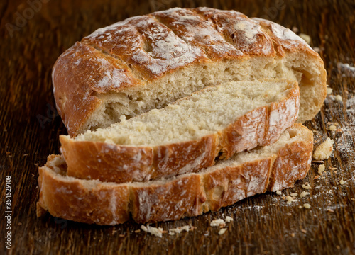 Sliced bread. Delicious, beautiful homemade bread. Bread on the table. Bread for the background.