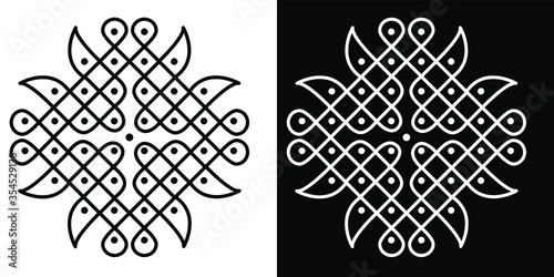 Indian Traditional and Cultural Rangoli design concept of vector curved lines and dots isolated on black and white background