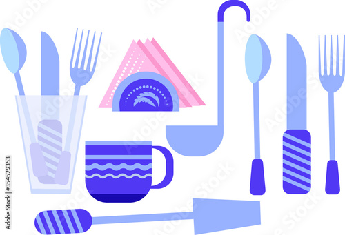 Modern collection of flat design utensils. Cutlery in blue style.