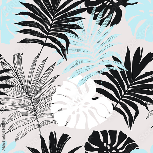 Minimal tropical art seamless pattern. Monstera and palm leaves silhouettes, line art background