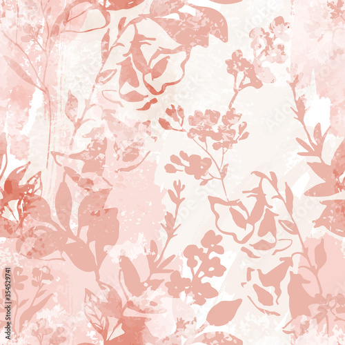 Abstract floral graphic seamless pattern. Meadow flowers silhouettes on grunge background.