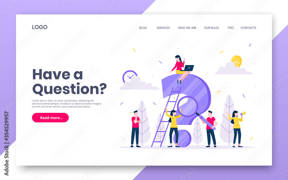 FAQ or Q and A internet landing page concept web template. Teamwork characters working together with faq big question mark, frequently asked questions concept flat style design vector illustration.