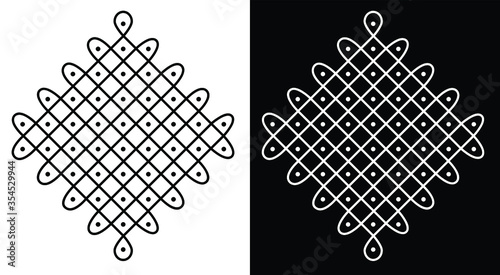 Indian Traditional and Cultural Rangoli or kolam design concept of curved lines and dots isolated on black and white background 