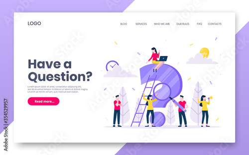 FAQ or Q and A internet landing page concept web template. Teamwork characters working together with faq big question mark, frequently asked questions concept flat style design vector illustration. © Konstantin