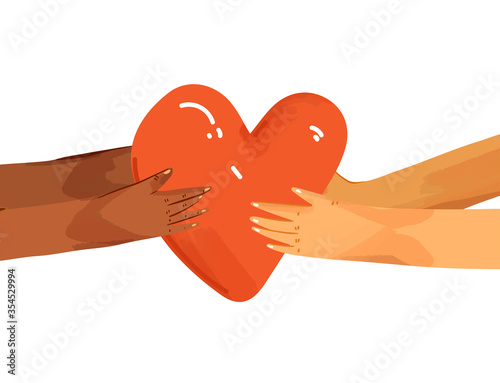 Vector flat illustration of diverse people sharing love, support, appreciation to each other. Hands giving heart, and hands taking heart as a sign of connection and unity. Love concept isolated