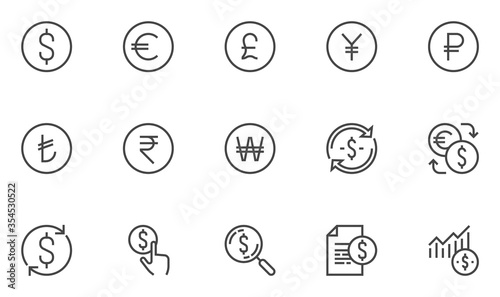 Currency Vector Line Icons. Dollar, Euro, Pound Sterling, Russian Ruble, Yen, Korean Won, Indian Rupee, Turkish Lira. Money Signs, Currency Exchange. Editable Stroke. 48x48 Pixel Perfect.