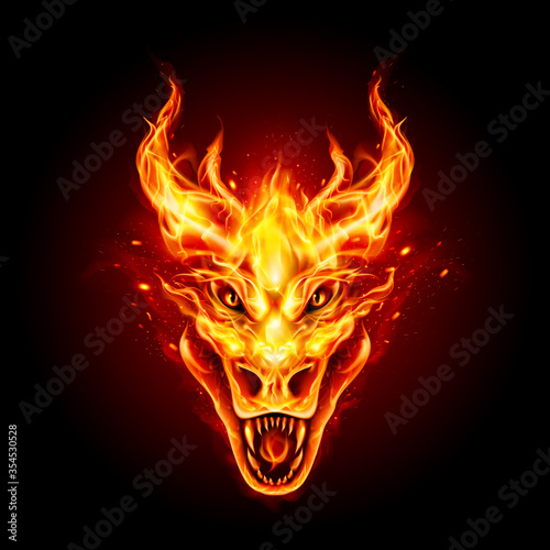 Legendary Fire Dragon Head on the Dark Background. Traditional Chinese Dragon. Fire Creature Logo For Your Product