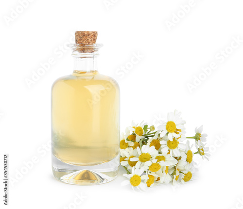 Bottle of essential oil and fresh chamomiles isolated on white