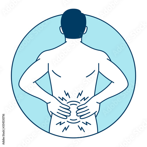 Man holding his back in pain. Lower back pain. Vector illustration on a white background.