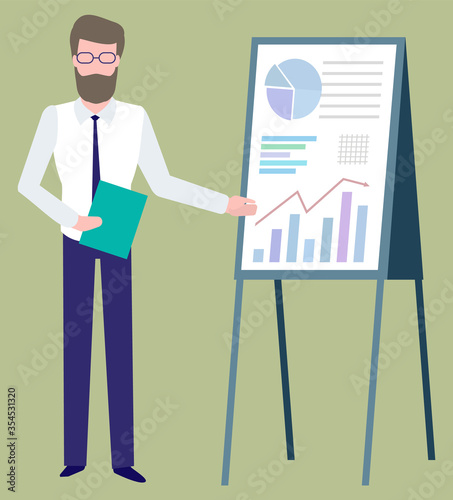 Businessman or executive manager makes report pointing on graphs and charts. Business education, male near board with clipboard in hands, vector guy