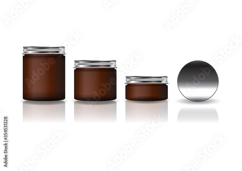 Set of 3 sizes brown cosmetic round jar with silver lid for beauty or healthy product.