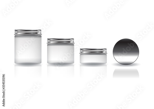 Set of 3 sizes white cosmetic round jar with silver lid for beauty or healthy product.