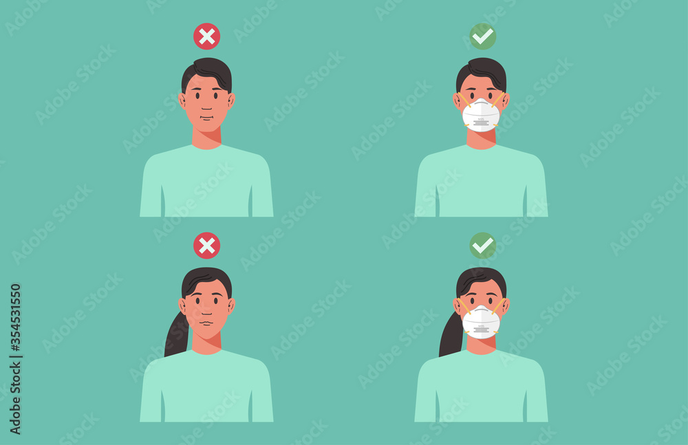 correct and wrong way to wear n95 face mask concept, man and woman with protective respirator prevent virus spreading, flu, disease, coronavirus infection, air pollution, vector flat illustration correct and wrong way to wear n95 face mask concept, man and woman with protective respirator prevent virus spreading, flu, disease, coronavirus infection, air pollution, vector flat illustration