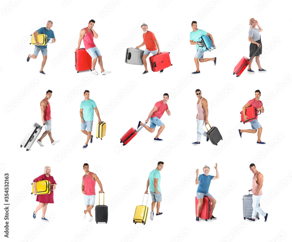 People with different suitcases on white background, collage