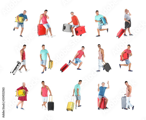 People with different suitcases on white background, collage © New Africa