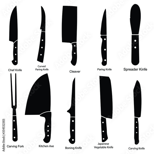 A set of kitchen knives pictogram icons. Chef knife, curved paring, cleaver, paring knife, spreader, carving fork, kitchen axe, boning, japanese vegetable, carving knife isolated on a white background