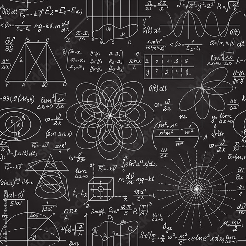 Math vector seamless background with algebra and geometry formulas, "handwritten wih chalk on a grey blackboard". You can use any color of background