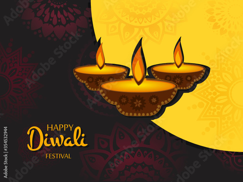 Happy Diwali greeting card gold and black color concept. India festival of lights holiday invitations template, banner, card, postcard. Vector illustration.