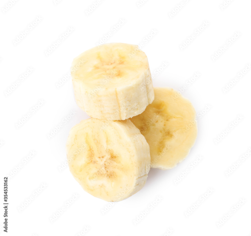 Pieces of tasty ripe banana isolated on white, top view Pieces of tasty ripe banana isolated on white, top view