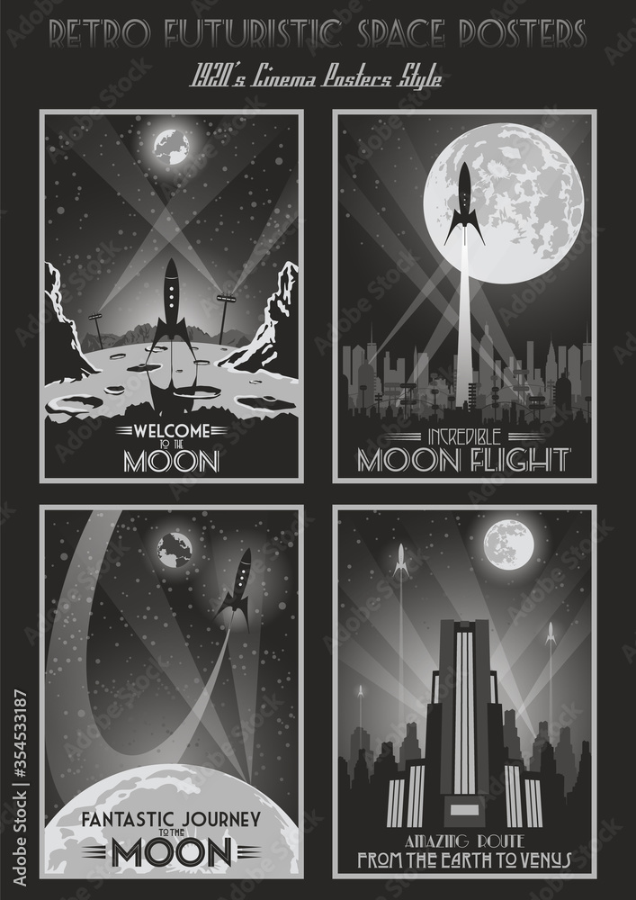 Obraz premium Retro Futuristic Space Posters, Art Deco Style Old Fantastic Movie Placards Stylization, Space Rockets, Earth, Moon, Venus