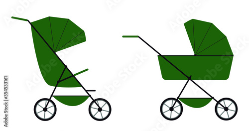 Pram. A set of two baby strollers. Isolated vector image on a white background