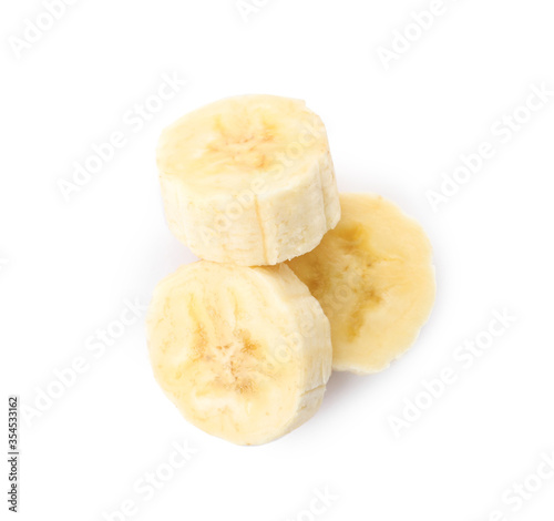 Pieces of tasty ripe banana isolated on white, top view