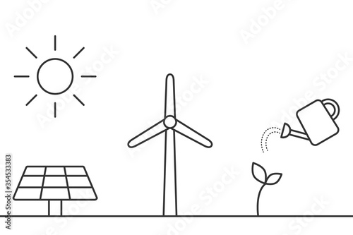 Solar panel, wind turbine, biofuel line icons. Alternative, sustainable energy sources. Eco friendly practices for renewable energy. Black outline on white background. Vector illustration, clip art.