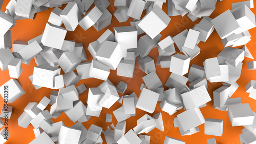 3d abstract background of various cubes. studio lighting. macro shot. orange floor