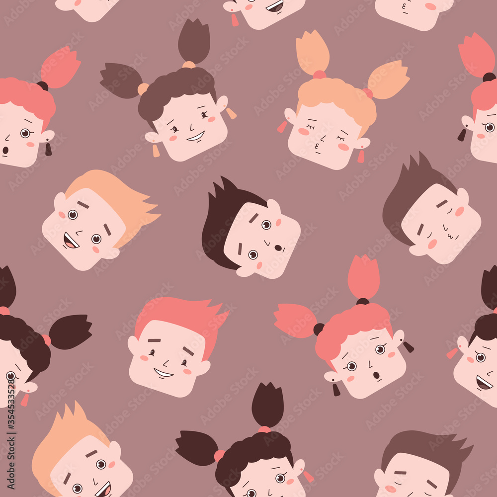 Seamless pattern of baby girl and boy faces. Cute kids print. Vector illustration