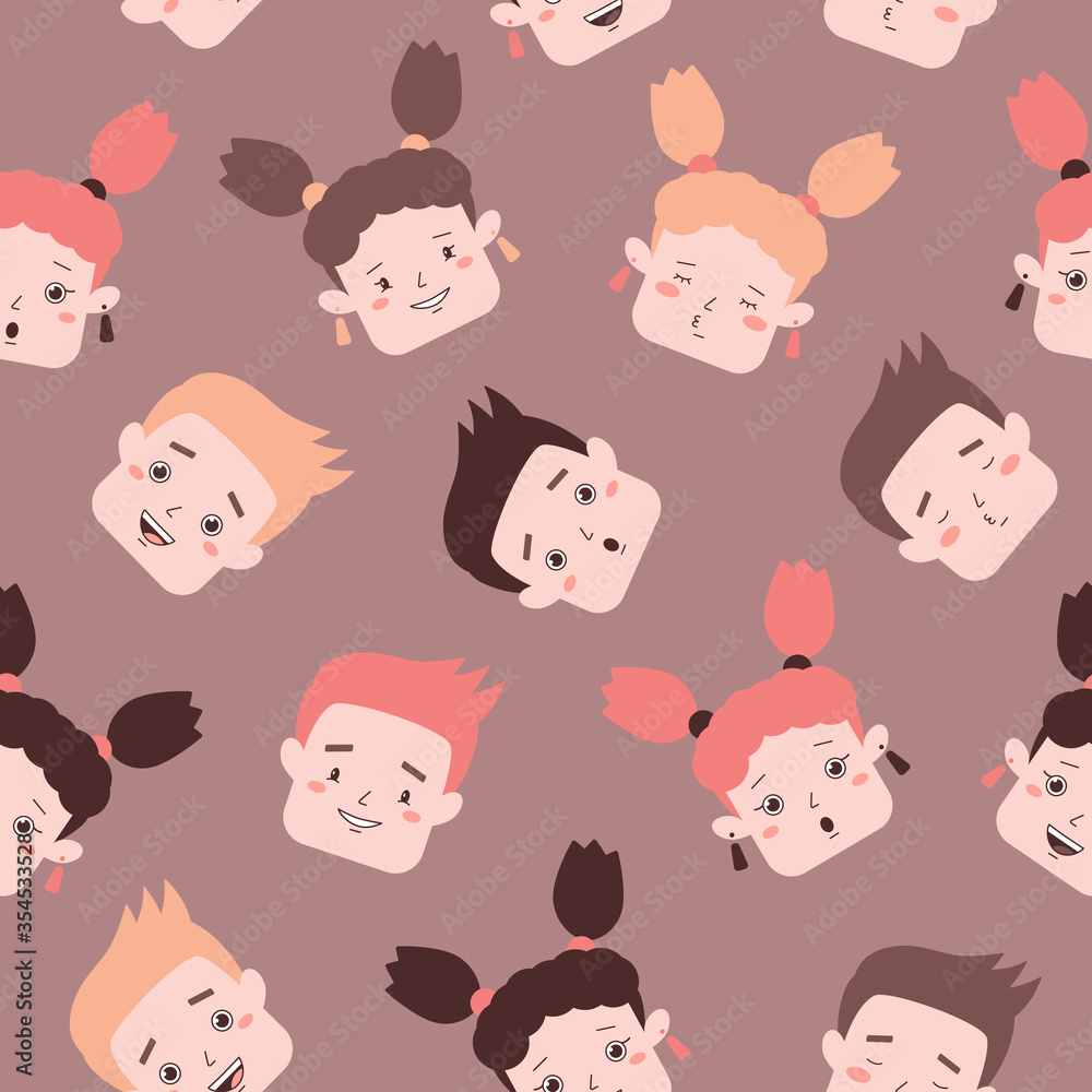 Seamless pattern of baby girl and boy faces. Cute kids print. Vector illustration Seamless pattern of baby girl and boy faces. Cute kids print. Vector illustration