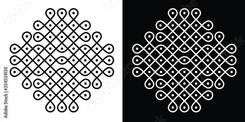 Indian Traditional and Cultural Rangoli or kolam design concept of curved lines and dots isolated on black and white background
