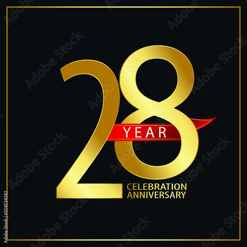 28 year minimalist logo years, jubilee, greeting card. Red and Gold Ribbons for Birthday invitation. Sign Ribbon Gold space vector illustration on black background - Vector
