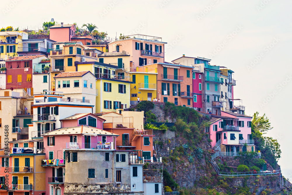 Manarola aerial view, colorful houses on the cliff, Cinque Terre National Park, Liguria, Italy