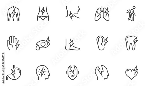 Pain Vector Line Icons. Headache, Heartache, Stomachache, Soreness, Limb Injuries, Trauma. Editable Stroke. 48x48 Pixel Perfect.