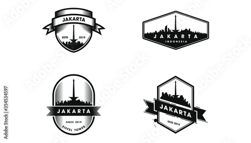 Jakarta Badge Logo. Jakarta skyline and landmarks silhouette vector