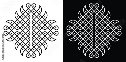 Indian Traditional and Cultural Rangoli or kolam design concept of curved lines and dots isolated on black and white background photo
