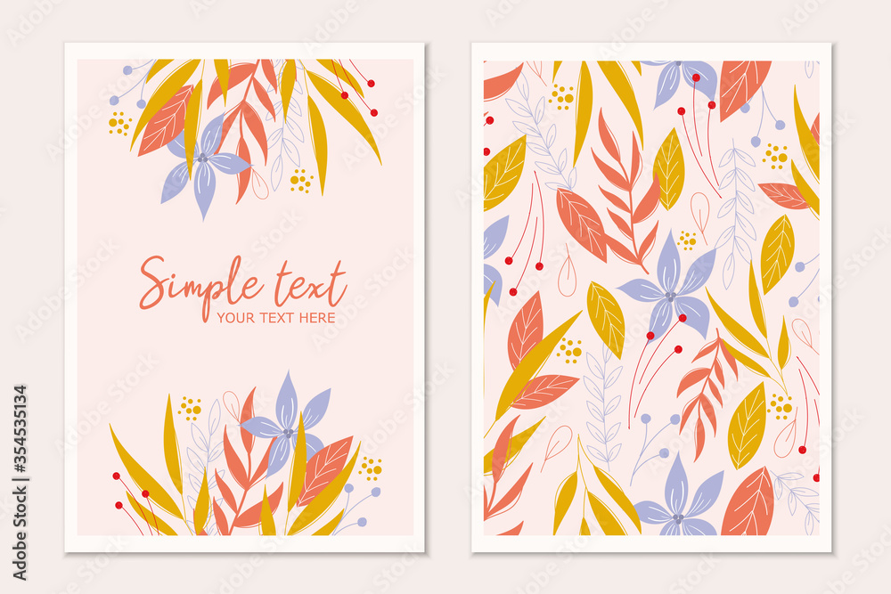 Modern botanical invitation card template with flowers and leaves.Cards with space for text. Modern botanical invitation card template with flowers and leaves.Cards with space for text.
