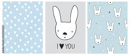 I Love You.Baby Shower Illustration. Cute Nursery Art with White Bunny Isolated on a Light Gray and Blue Background. Seamless Vector Pattern with Tiny Hearts on a Blue. Baby Boy Party Decoration.