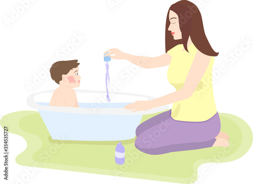 vector illustration of a young mother bathing her son in the bathroom. Adds to the water, emollient, cure for dermatitis and allergies. Child with atopic dermatitis, food Allergy, skin problems.