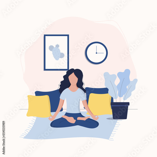 Women sitting on the floor in lotus pose and meditating.Woman doing yoga at home. Meditation pose. Flat design