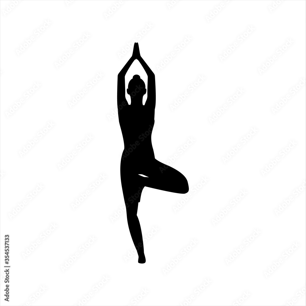 Vector black silhouette of a girl doing yoga exercise on an isolated white background. Flexible woman icon for app, site and logotype design for company. Stock illustration unit element Vector black silhouette of a girl doing yoga exercise on an isolated white background. Flexible woman icon for app, site and logotype design for company. Stock illustration unit element
