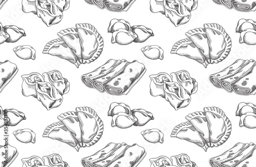 Vector seamless pattern. Manty, meat dumpling, pelmeni, jiaozi, pancake, crepe, pyanse or pigodi, khinkali, ravioli, Pierogi or varenyky. Vintage hand drawn style.