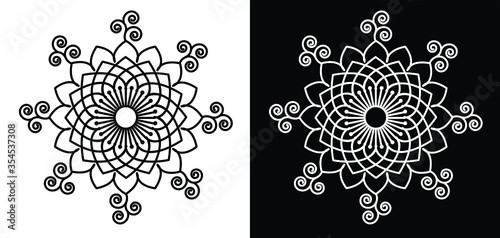 abstract floral Mandala ornament design with spirals isolated on black and white background 