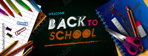 Welcome Back To School Banner With School Supplies Icon Set on Chalkboard Arts and Science Stickers Hand Drawn. Vector Illustration. Education Concept.