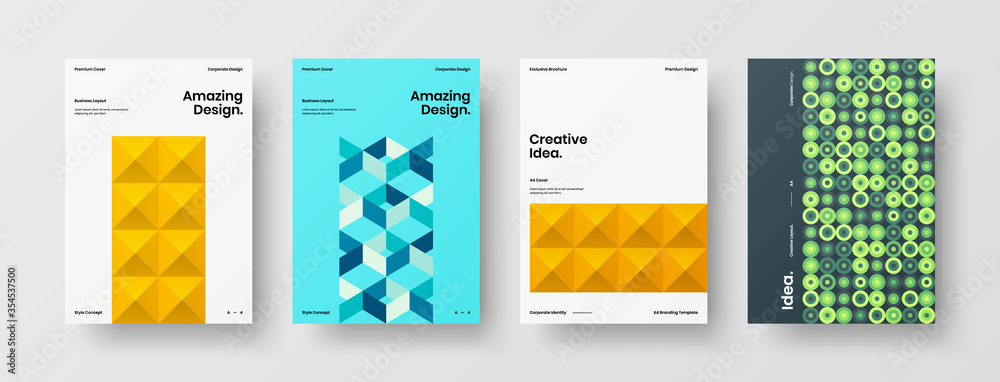 Fototapeta premium Company identity brochure template collection. Business presentation vector A4 vertical orientation front page mock up set. Corporate report cover abstract geometric illustration design layout bundle.
