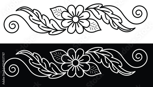 Border design concept of sun flower with leaves and petals isolated on black and white background - vector illustration