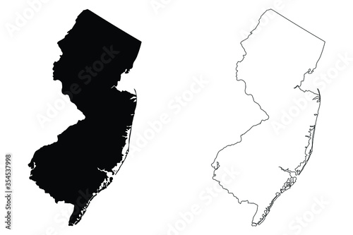 New Jersey NJ state Maps. Black silhouette and outline isolated on a white background. EPS Vector